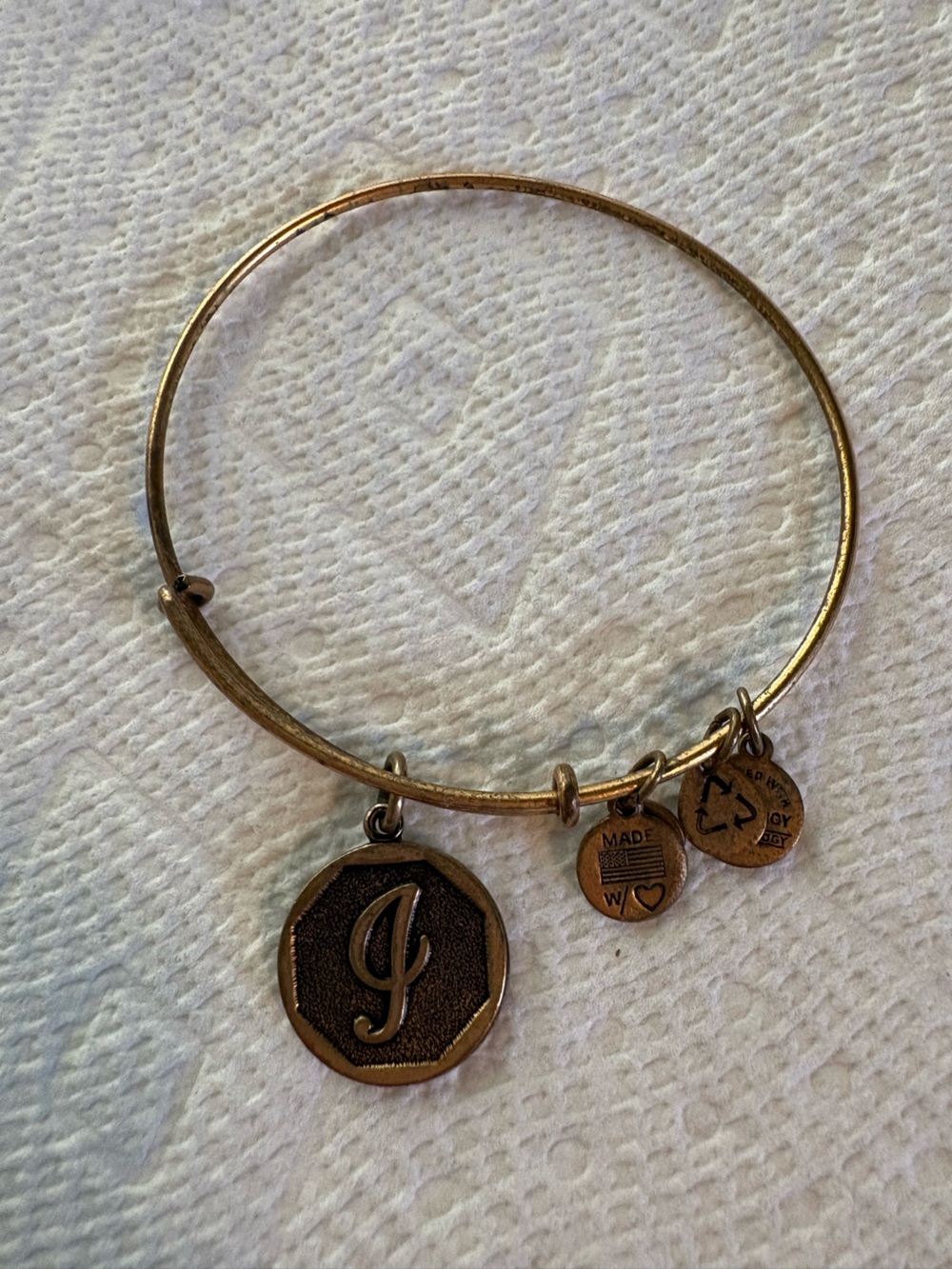 Alex and Ani Bronze-Tone Expandable Charm Bangle initial โIโ